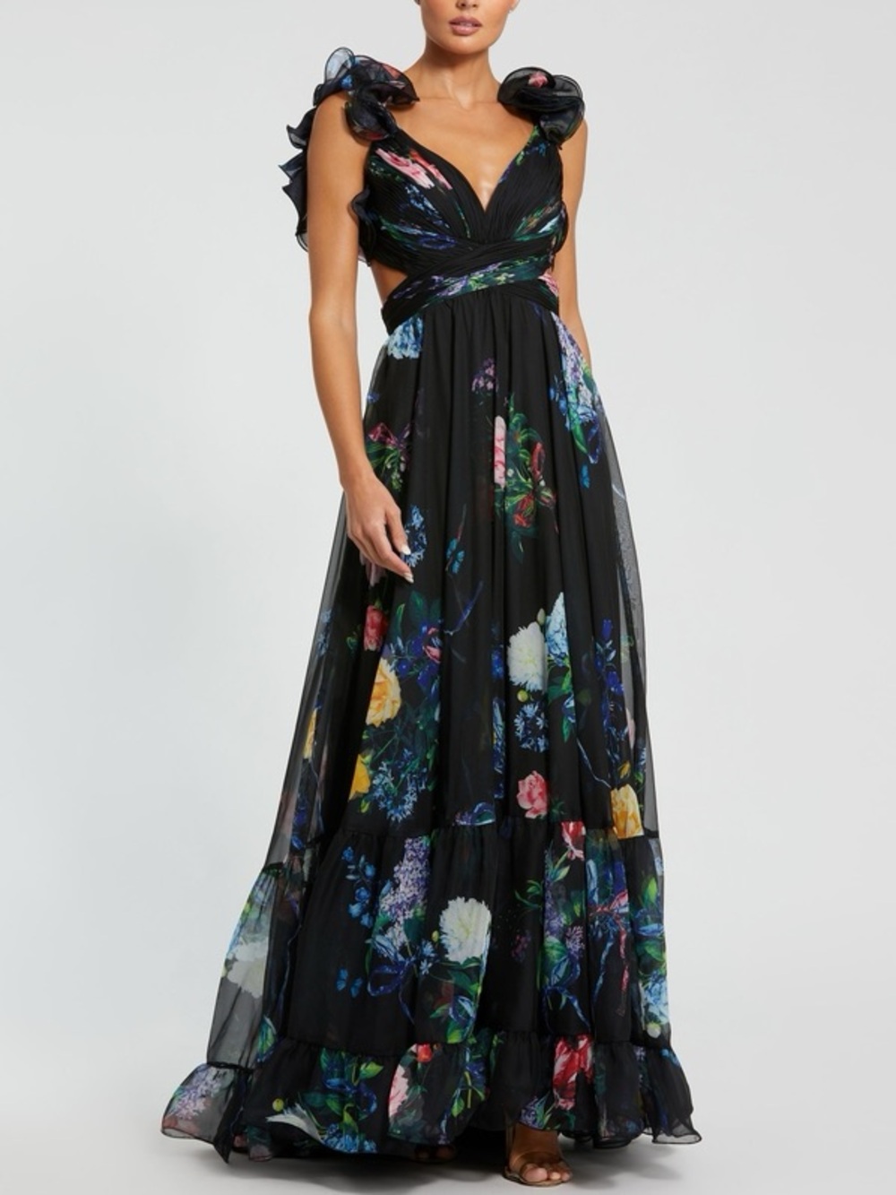 Mac Duggal 68746 Black Flower Chiffon Gown Dress size 4